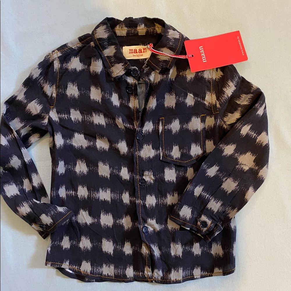 $144 NWT Maan Kids 3 3T Dress Shirt Top Plaid Luxury Belgian Button Up Down Boys